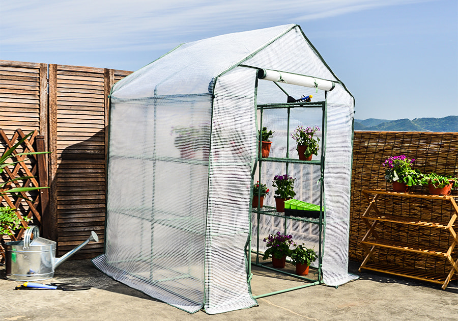 4 tier PE Walk in Greenhouse with 16PCS metal Shelves and Cover