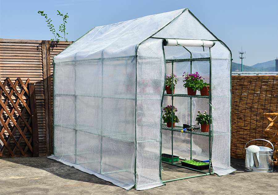 4 tier PE Walk in Greenhouse with 24PCS metal Shelves and Cover